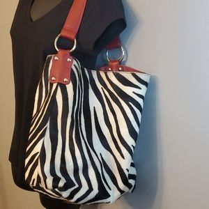 Fur Zebra Print Shoulder Bag with Red Leather Trim